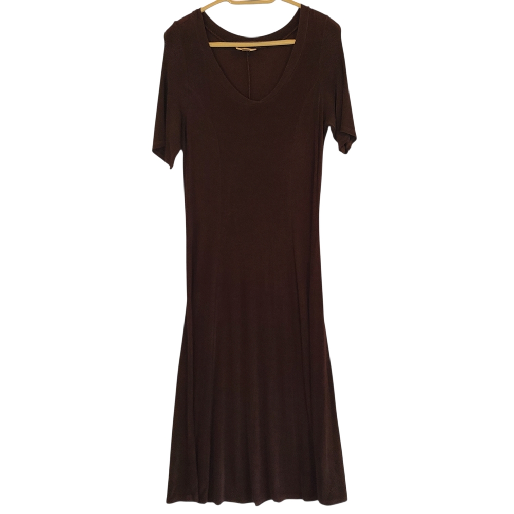 Coldwater Creek Chocolate Brown Midi Dress V-Neck Short Sleeve Size M